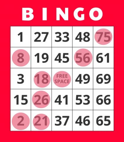 A red and white Bingo card with 8 spots marked, leading to a bingo.