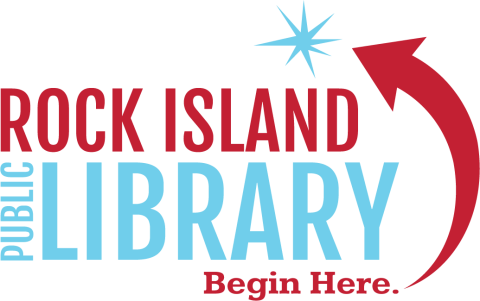 Rock Island Public Library logo, in which the first two letters and an arrow appear in red, "Public Library" appears in light blue, and the words "Begin Here" are at the bottom.