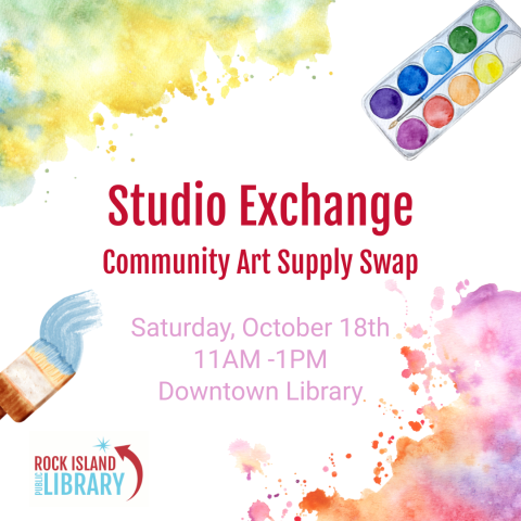 Program promotion featuring a colorful, abstract paint design and reading "Studio Exchange, Saturday, October 18th, 11AM-1PM, Downtown Library"