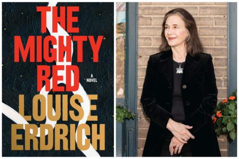 Image of book cover for The Mighty Red. Photograph of author, Louise Erdrich, on right, standing looking to her right with a small smile.
