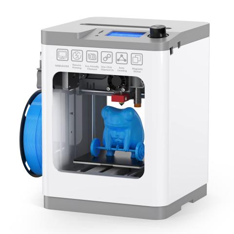 An Entina 3-D printer in which a small figure called Fred the Frog (a blue 3-D printed creature) is lifting a weight.