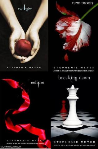 Four book covers appear with their original cover images, including a pair of hands holding an apple for the novel "Twilight;" a red and white flower for "New Moon;" a torn red ribbon for "Eclipse;" and a red pawn behind a white queen on a chessboard for "Breaking Dawn."