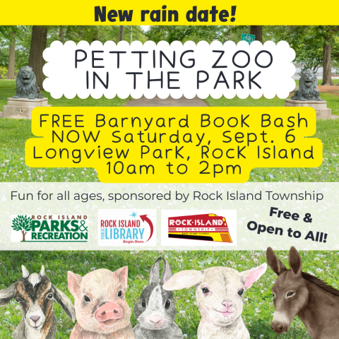 Petting Zoo in the Park, Free Barnyard book bash, images of illustrated farm animals with Longview Park in background