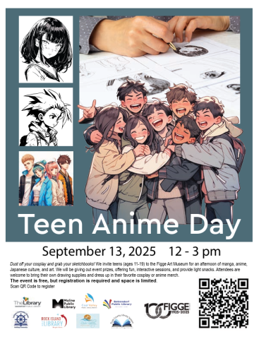 A flyer for Teen Anime Day featuring several illustrations of anime-style characters, and a real human hand at the top of the page, drawing.