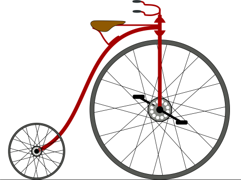 Image of early bicycle with huge front wheel and small back wheel