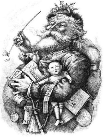 An old-fashioned image of Santa Claus, holding a pipe and presents