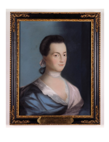 A framed painting of Abigail Adams, wearing a blue dress with a pearl necklace