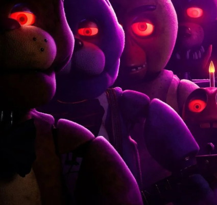 Animatronic characters from the Five Nights at Freddy's movie appear bathed in purple light, and all of their eyes glow red.