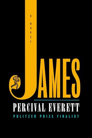 Book cover reading "James" by Percival Everett, featuring large, orange title text against a black background
