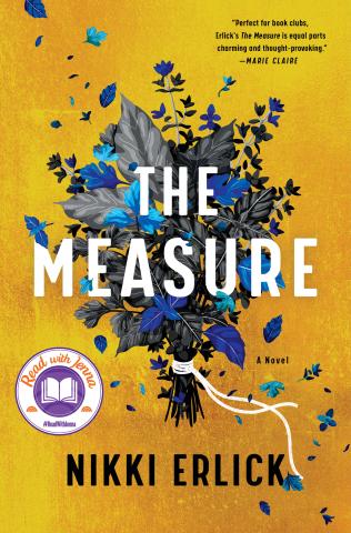 Book cover reading "The Measure" by Nikki Erlick, featuring an illustration of a gray and blue flower bouquet against a gold background