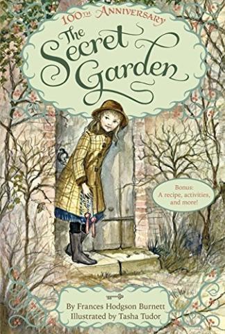 Book cover reading "The Secret Garden" by Frances Hodgson Burnett, featuring a young girl in a yellow raincoat standing within the doorway of a garden