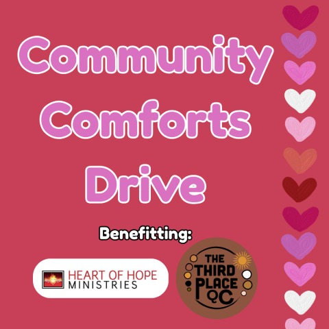 Pink background with hearts and text reading "Community Comforts Drive"
