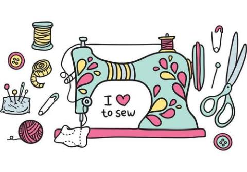 Cartoon graphic of sewing machine and accessories.