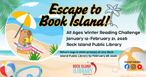 Escape to Book Island Winter Reading Challenge, cartoon Capybara reading on beach scene