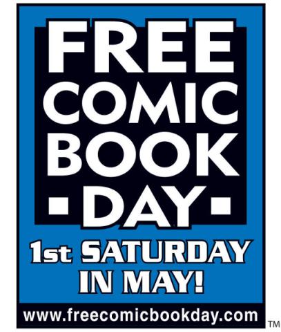 The Free Comic Book Day logo, which features all capital letters (in white) on a blue and black background, under which appears the phrase "1st Saturday in May!"