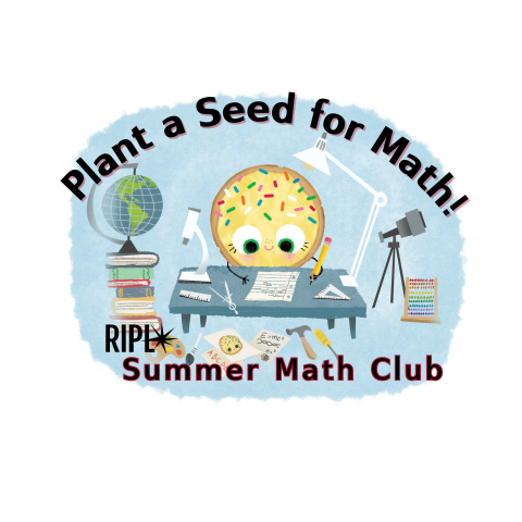 Plant a Seed for Math_Summer Math Club_Cartoon cookie at table surrounded by science and math projects 