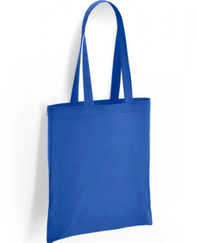 A blue canvas tote bag appears on a white background.