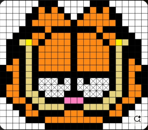An image of Garfield the cat appears in a grid: this is a perler bead pattern that consists of orange, black, white, pink, and various yellow beads.