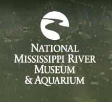 Logo of National Mississippi River Museum & Aquarium on a green background with a river flowing into a white sun