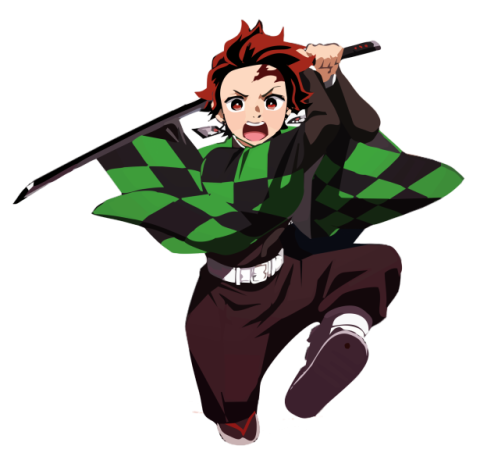 An image of Tanjiro (a young warrior wearing a green and black checkered coat), hero of the series "Demon Slayer: Kimetsu no Yaiba" wields a sword, facing the viewer, and leaping against a transparent background.