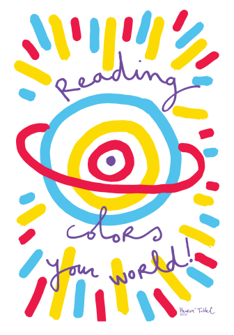 Reading Colors Your World multi-colored abstract globe with confetti color around