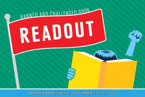 Banned Books Readout, reader behind book with fist raised in protest