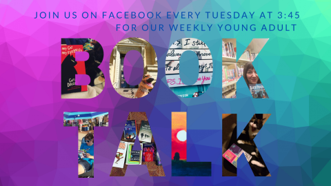 Colorful book talk banner with pictures inside each letter.  