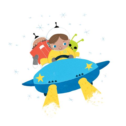 Illustration Girl driving spaceship with aliens reading