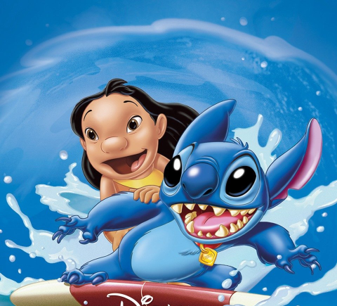 Little Hawaiian girl and alien pet surfing in blue ocean