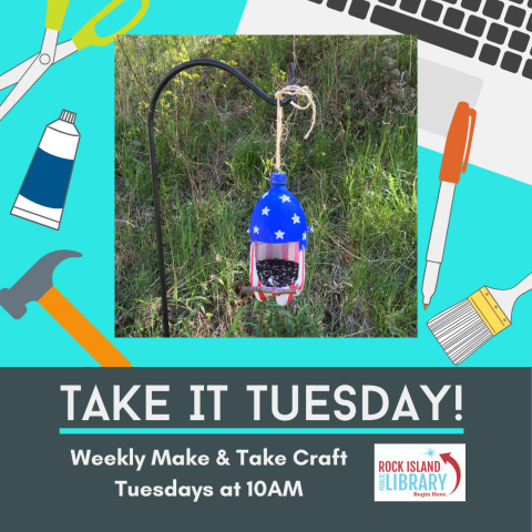 Pop bottle bird feeder hanging on a shepherd's hook.