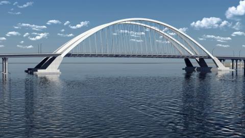 Photo of arches of the new I-74 Bridge under construction now. 