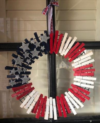 Design a red, white, and blue clothespin wreath with silver stars!