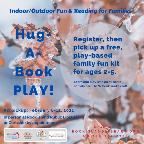 Background image frozen branches. Words Hug-A-Book Play, library, Child Abuse Council, AOK Network and Library Foundation