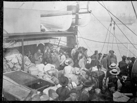 Historic image, Smithsonian Institution, immigrants crowded on deck of ship. Date unknown. 