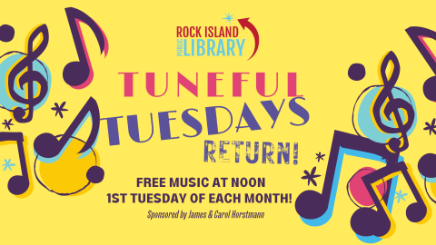 Tuneful Tuesday cover bright yellow background with colorful  notes