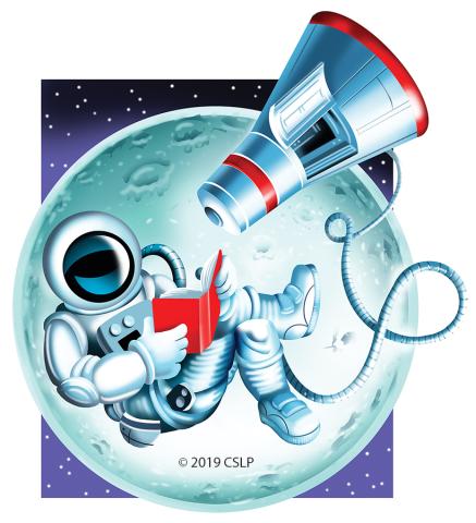 Universe of Stories illustration of astronaut reading in space