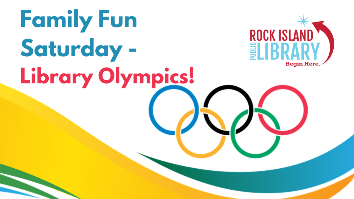 olympic rings and library logo with words Family Fun Saturday Library Olympics