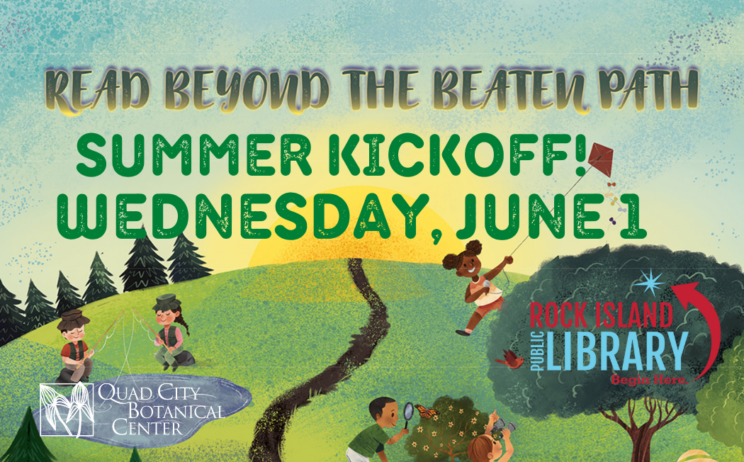 People enjoying the outdoors Read Beyond the Beaten Path Library and Botanical Center logos 