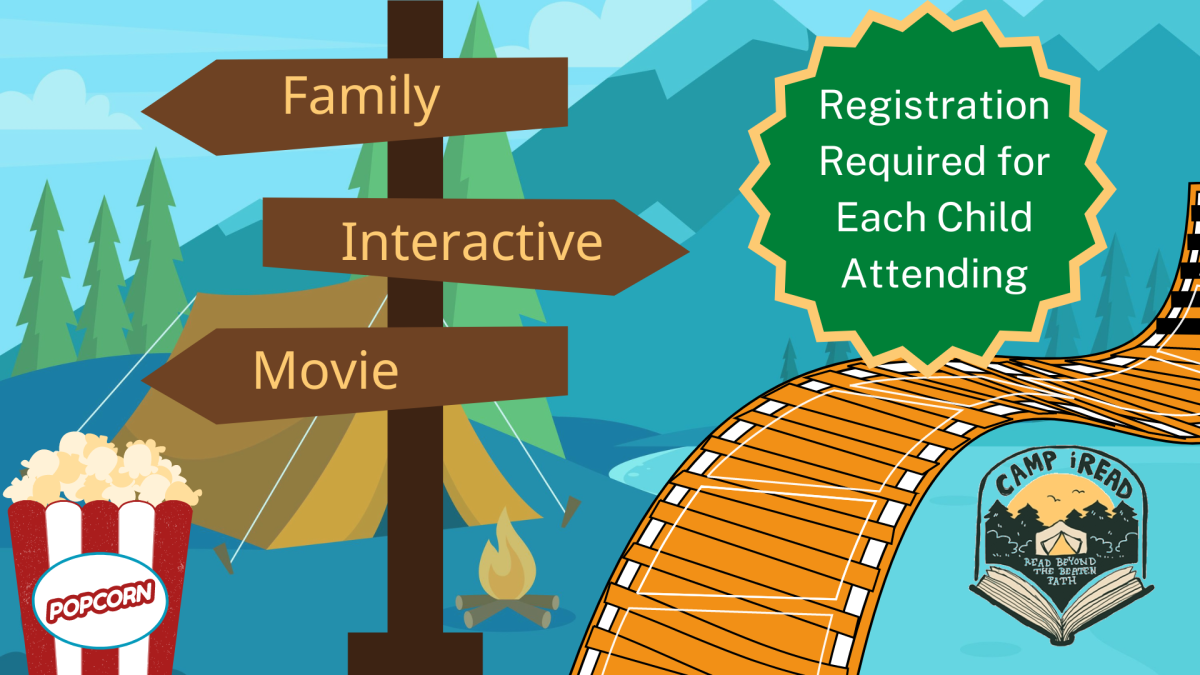 camp sign post in front of camping scene with illustrations of popcorn box and movie reel