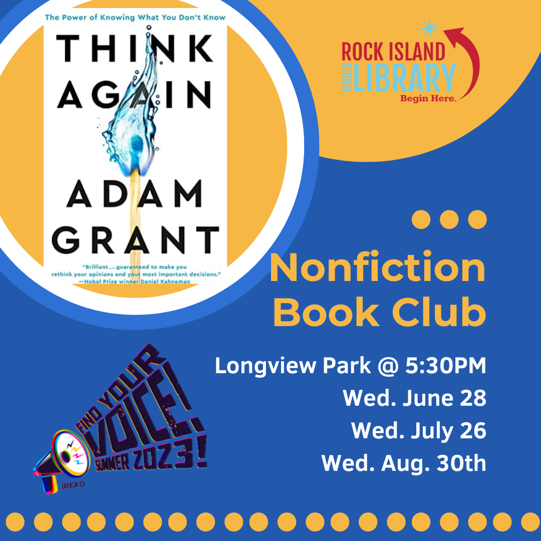 Blue and yellow square with book cover of "Think Again" by Adam Grant