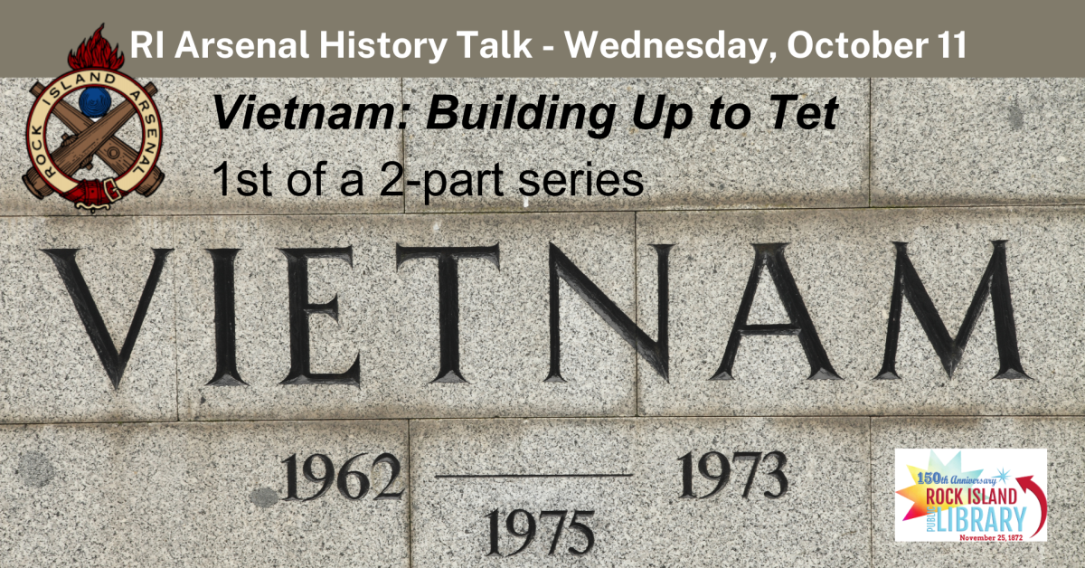 Wall with engraved word Vietnam and dates 1962 1975, RI Arsenal and Library logos, Oct. 11 talk