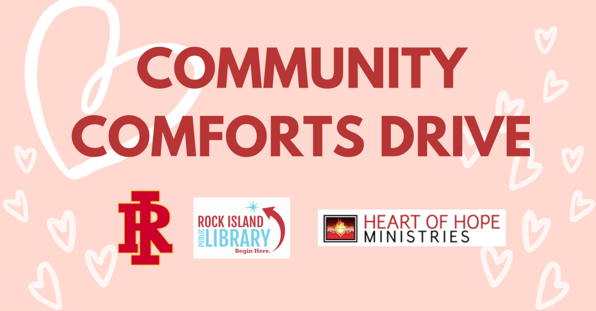 Pink background with hearts and read letters reading Community Comforts Drive