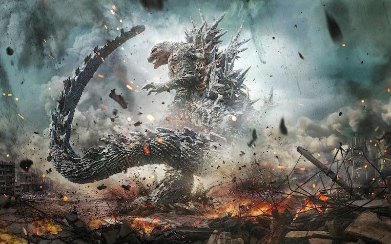 An image of Godzilla (with its tail in the foreground) from the film Godzilla Minus One.