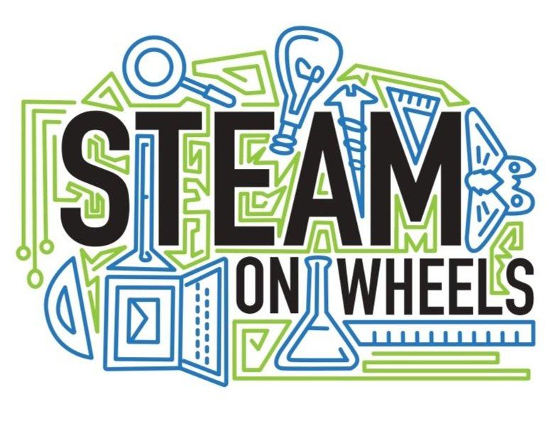The STEAM on Wheels logo features black text on a green and blue background.