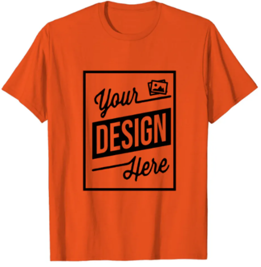 Orange t-shirt with imprint "Your Design Here" in black lettering