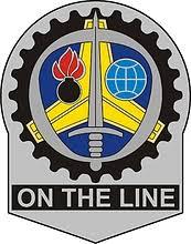 Army Sustainment Command Logo depicting a sword, globe, and grenade and the words "On the Line"