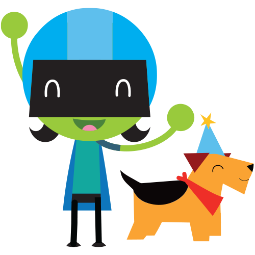 Blue robot with large helmet and brown dog with blue party hat. 