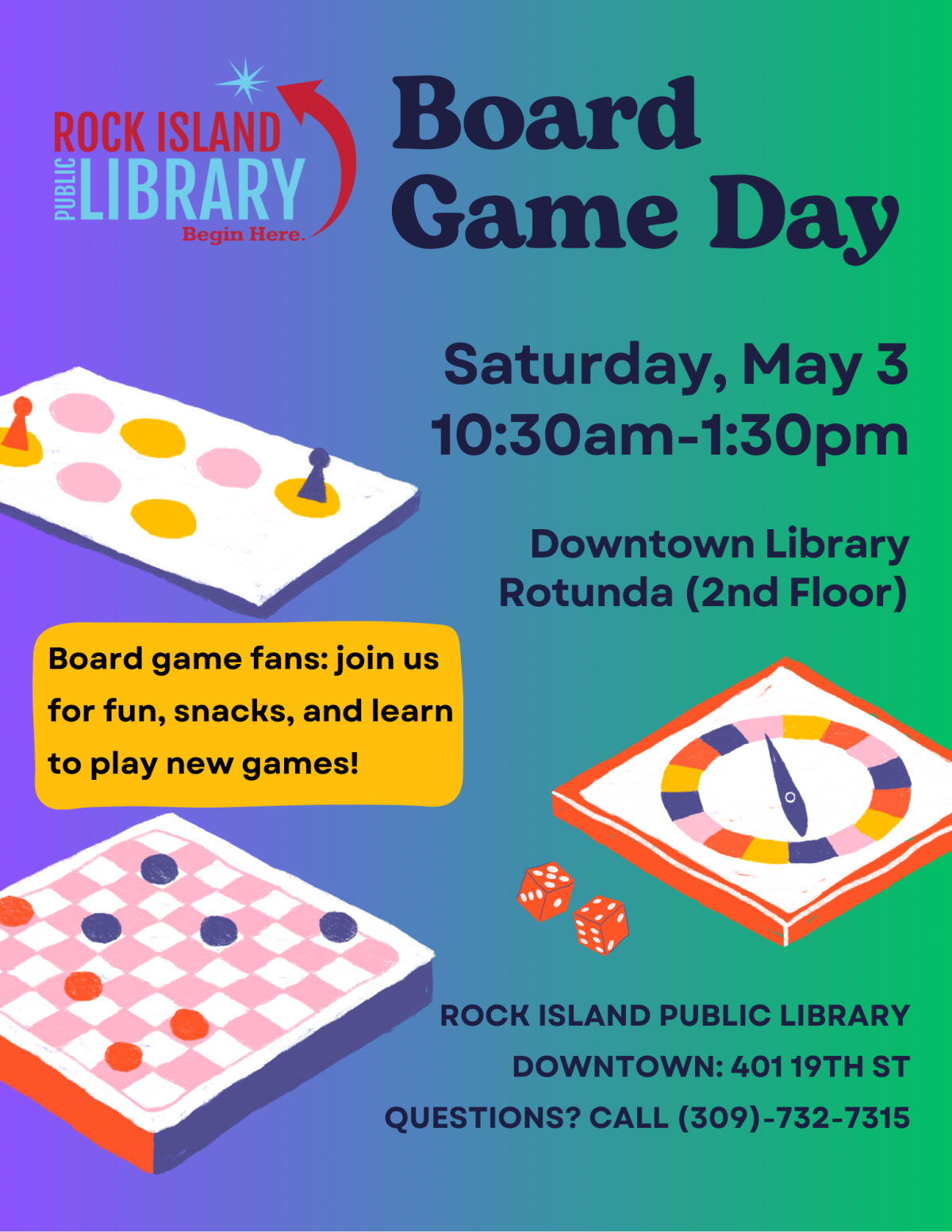 A green and purple flyer giving the details of Board Game Day.