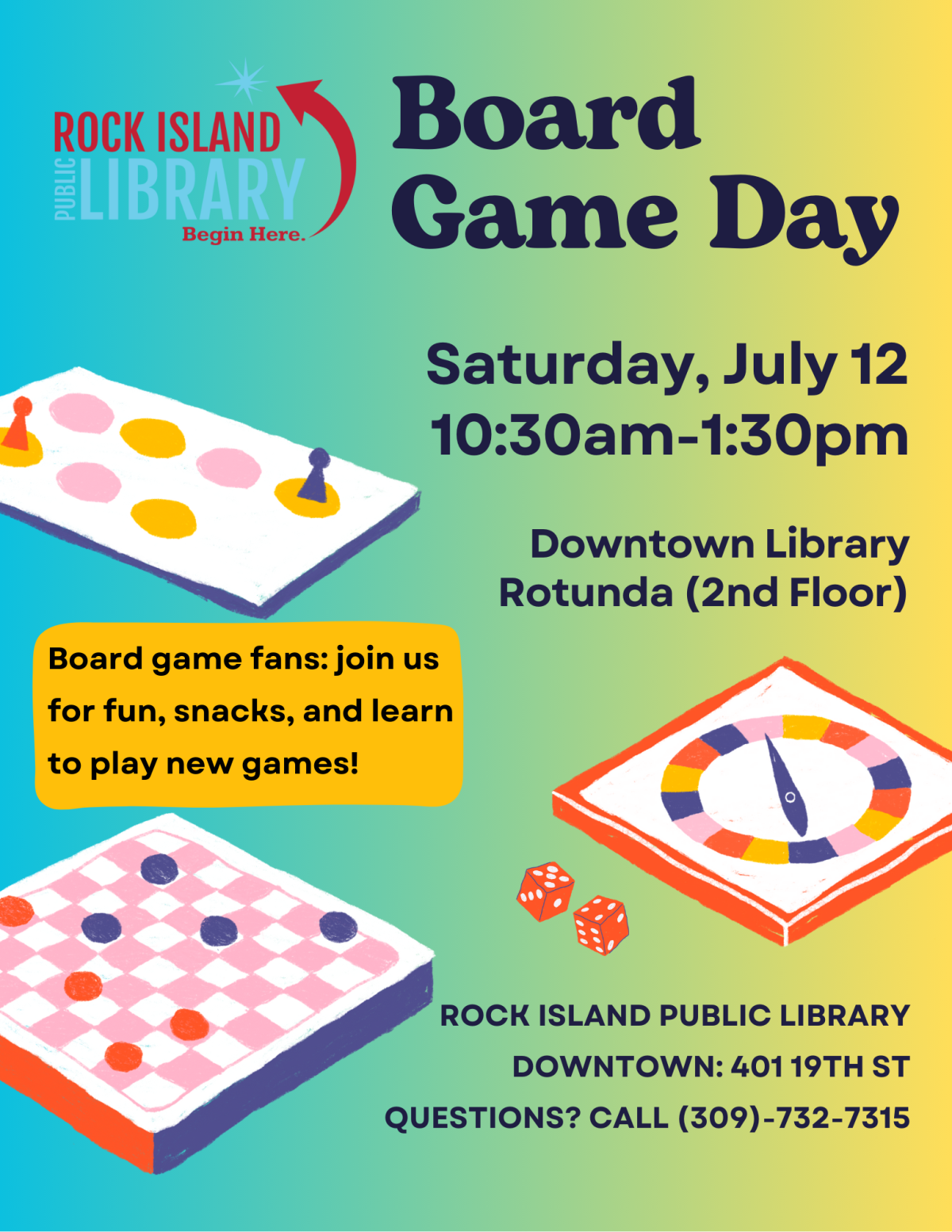 A blue, green, and yellow flyer describing Board Game Day.