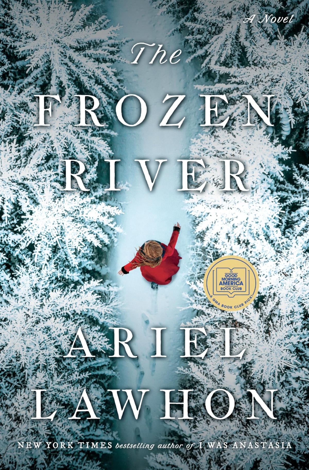 book cover for The Frozen River featuring woman running through snow shot from above